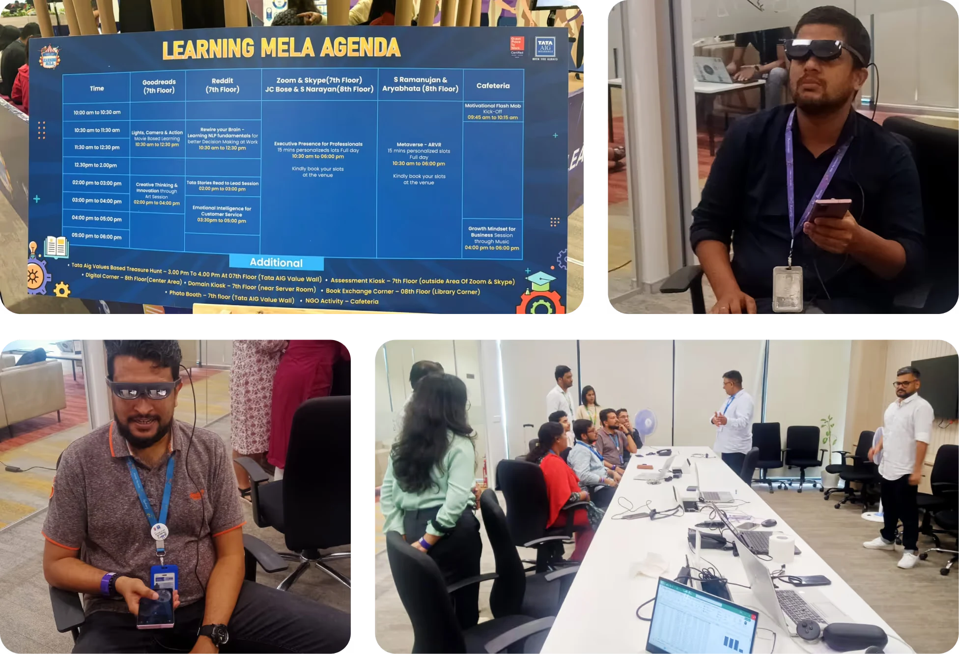 Collage showing Learning Mela agenda schedule and participants in an office setting wearing virtual reality glasses and engaging in a group session.
