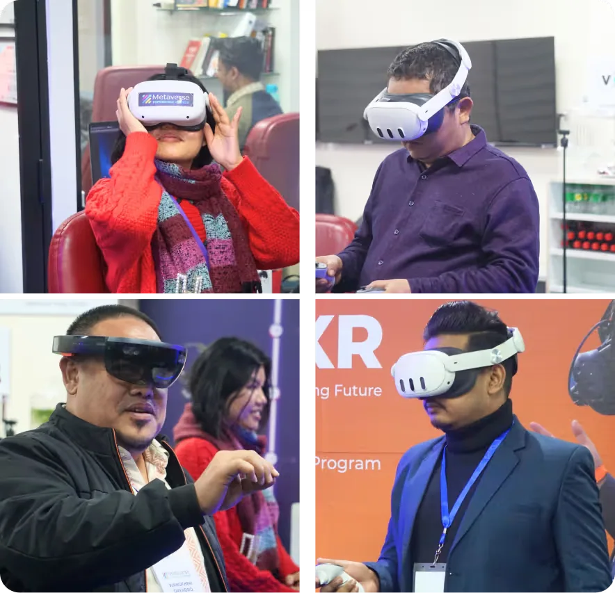 Four people using virtual reality and augmented reality headsets in an indoor tech environment.