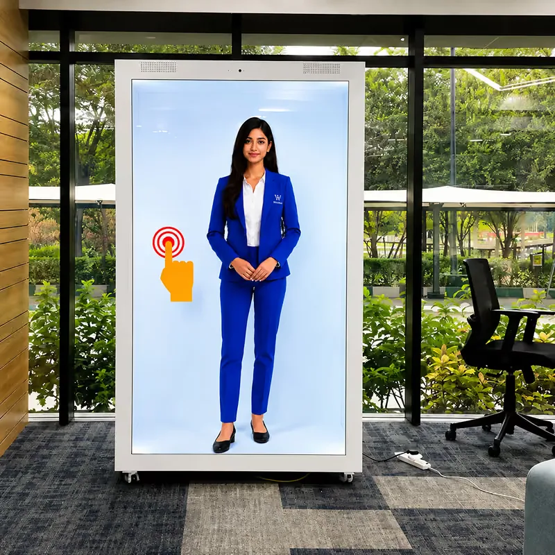 AI avatar experience presented through the HoloBox911 holographic display.
