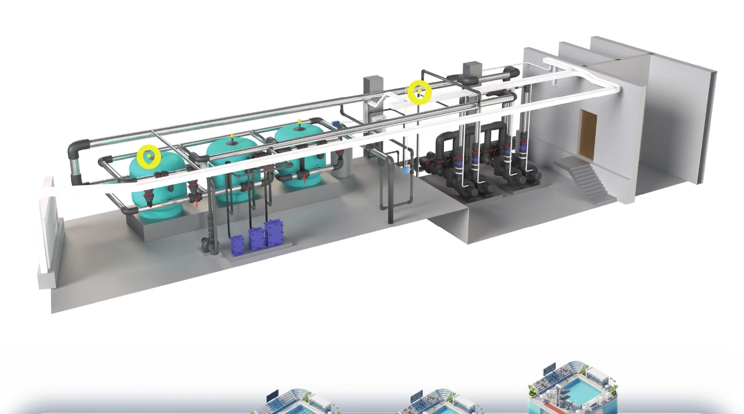 Fluidra plant room cutaway showing filtration and pumps in 3D