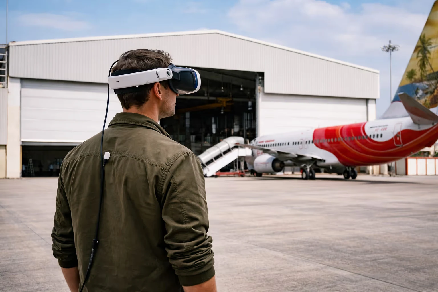 Man wearing a VR headset connected by a cable, standing on an airport tarmac near a parked airplane and an open hangar.