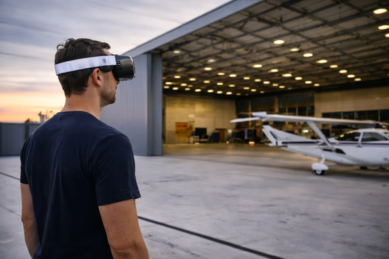 Man wearing a virtual reality headset standing outside near an aircraft hangar with a small airplane inside.