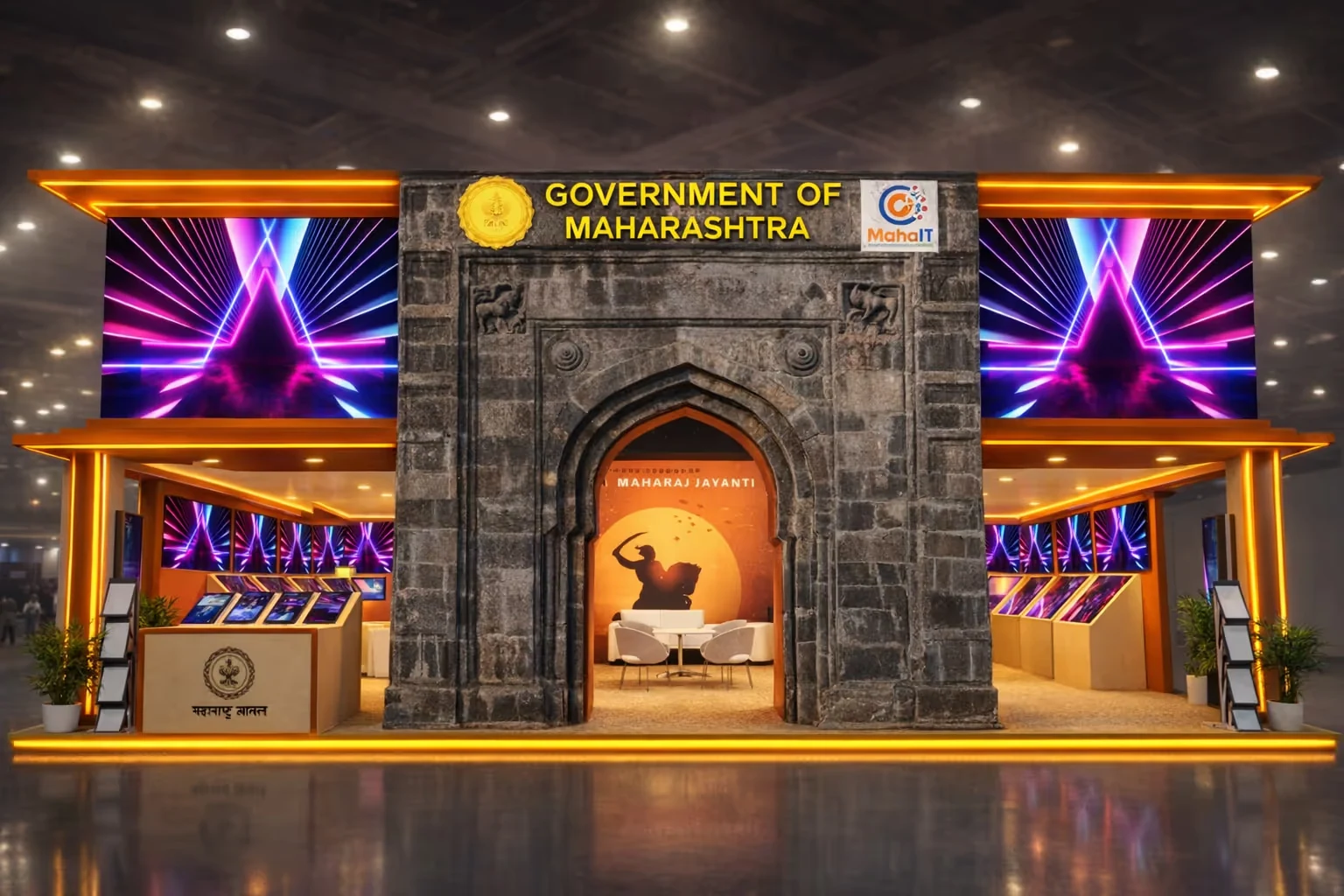 Exhibition booth for Government of Maharashtra with archway entrance, digital screens showing neon lights, and seating area with Maharaj Jayanti backdrop.