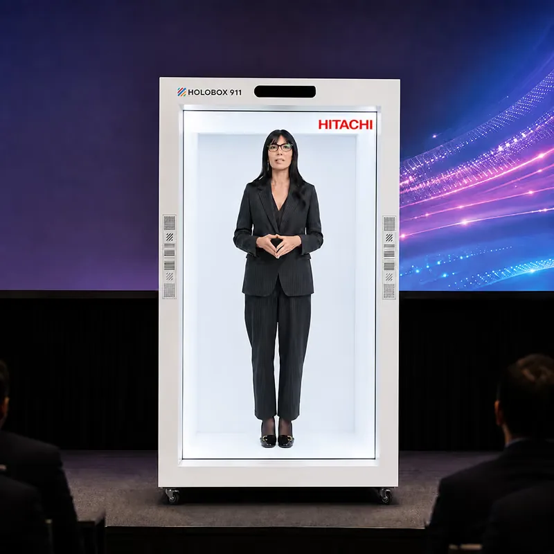 Lorena Dellagiovanna of Hitachi, Ltd. appearing live at full height as a hologram inside a HoloBox911 unit on stage at Hitachi's global company event in New Delhi