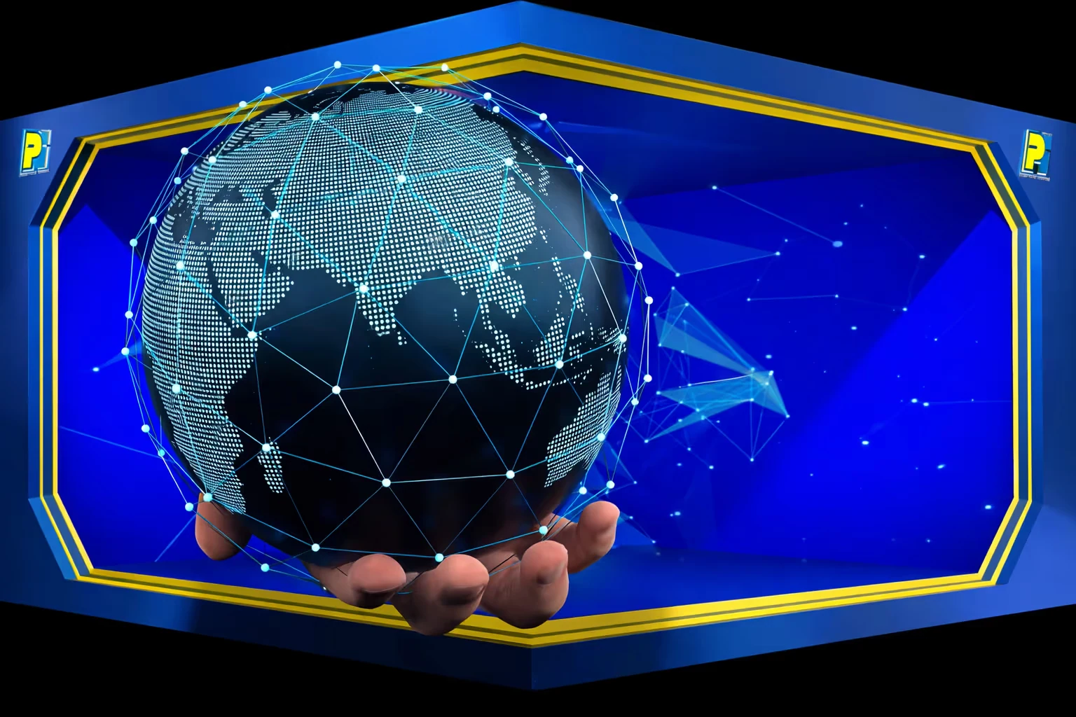 Hand holding a digital globe with interconnected nodes symbolizing global network and technology.