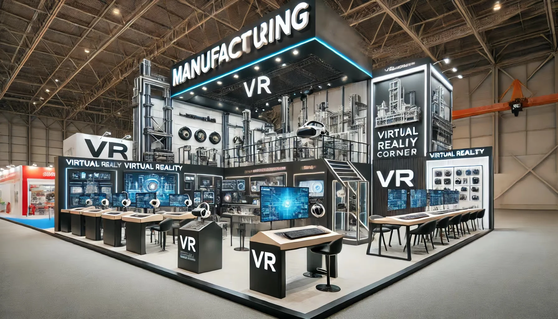 A large manufacturing booth setup at an exhibition, showcasing an industrial theme with various sections. There is a dedicated VR corner within the booth, featuring VR headsets and a sleek, modern setup where people can try virtual reality experiences. The VR area includes displays with industrial and factory scenes, clean, high-tech decor, and prominent signage. The main booth has a sophisticated and professional look with lighting, branding, and industrial products displayed around. No people are present in the scene.