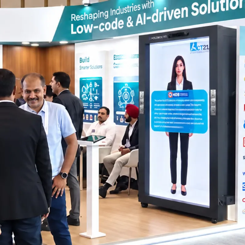 Visitors at a booth with a HoloBox911 AI presenter, Global Fintech Fest 2026