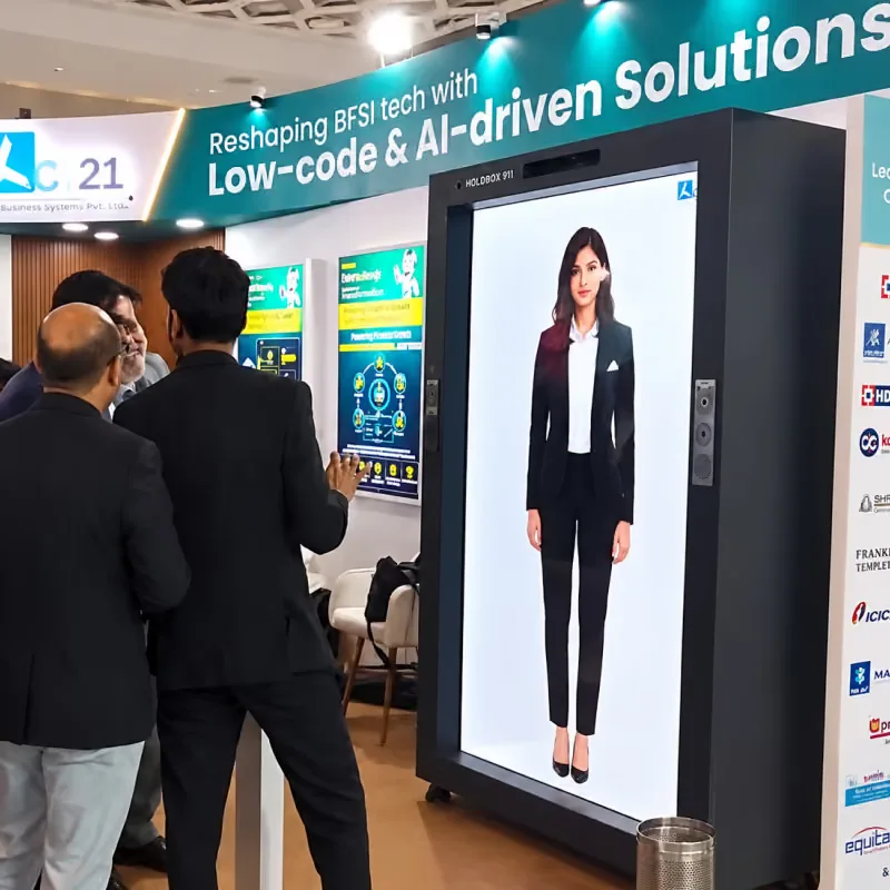 Visitors stopping at a HoloBox911 on the exhibition floor