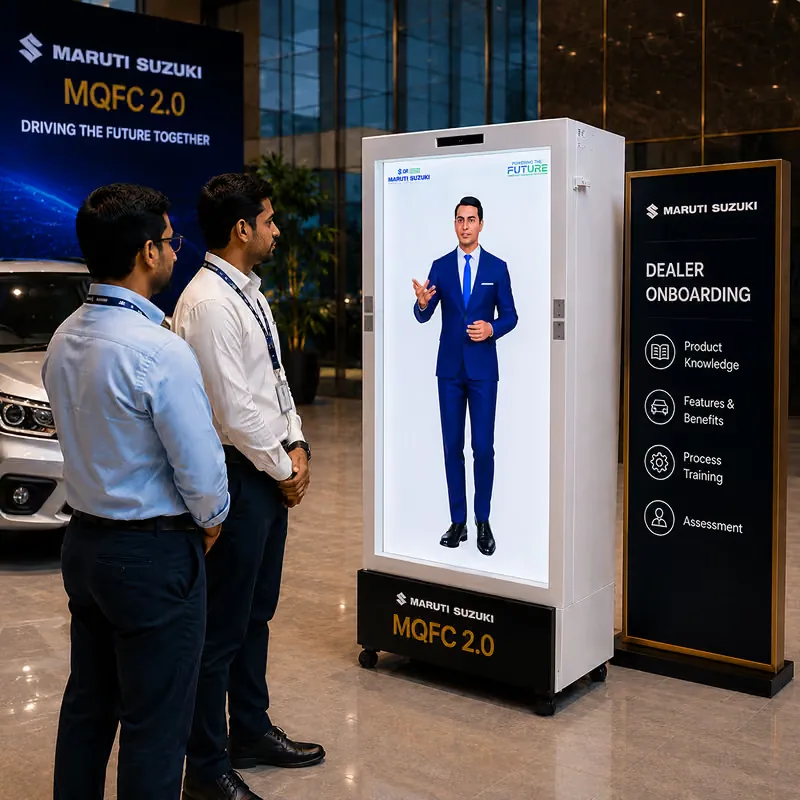 HoloBox911 illustration, not a documentary photograph: a HoloBox911 unit showing a life-size digital presenter beside a Maruti Suzuki MQFC 2.0 backdrop and a dealer-onboarding panel, with two dealership staff looking on