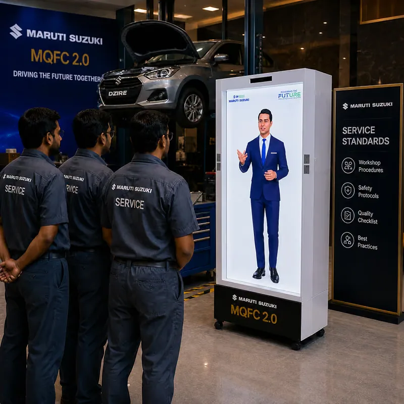 HoloBox911 illustration, not a documentary photograph: a HoloBox911 unit beside a Maruti Suzuki MQFC 2.0 backdrop and a service-standards panel, with service staff and a vehicle on a workshop lift