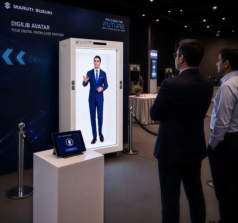 The DigiLib Avatar stand at the Maruti Suzuki Vendor Conference: a life-size AI avatar in a HoloBox911 transparent enclosure beneath a Maruti Suzuki DigiLib Avatar backdrop, with a touch panel on a plinth and delegates alongside.