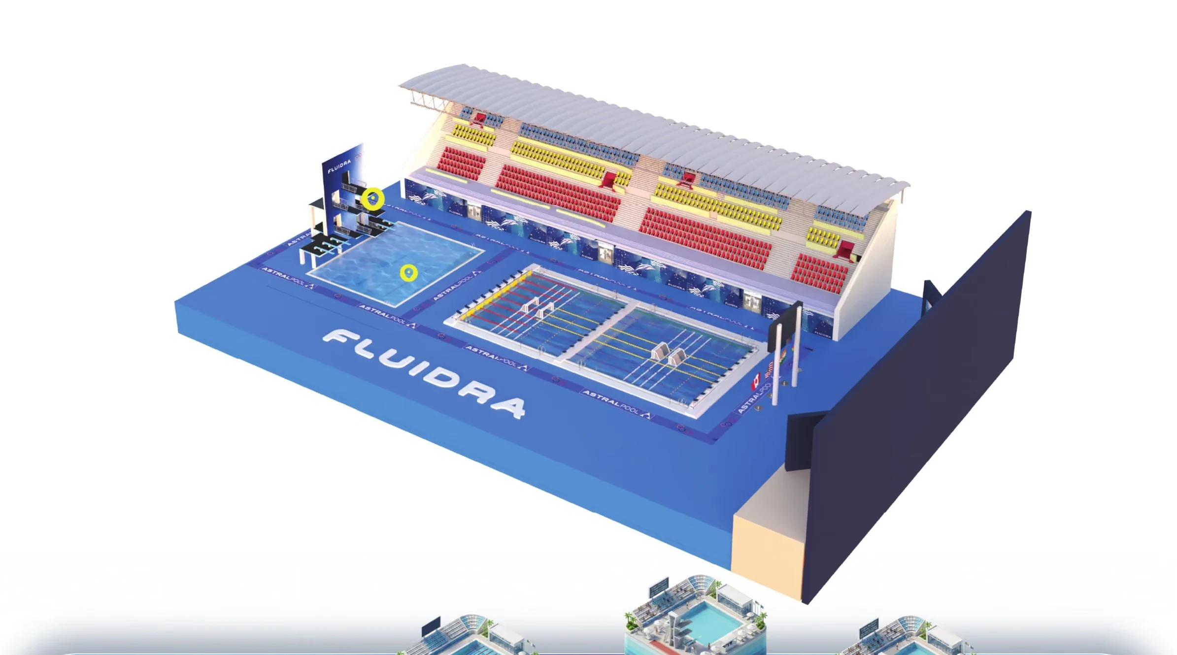 Fluidra diving pool and ten-metre diving tower shown in 3D on the HoloBox911 display