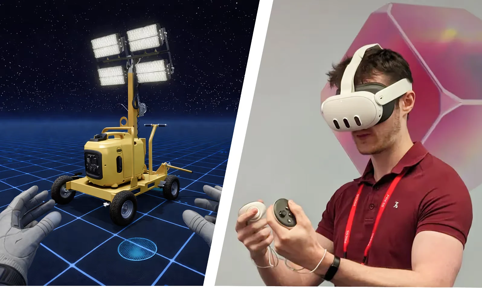 Split image showing a virtual reality simulation of a yellow floodlight tower with gloved hands on the left, and a man wearing a VR headset and holding controllers on the right.