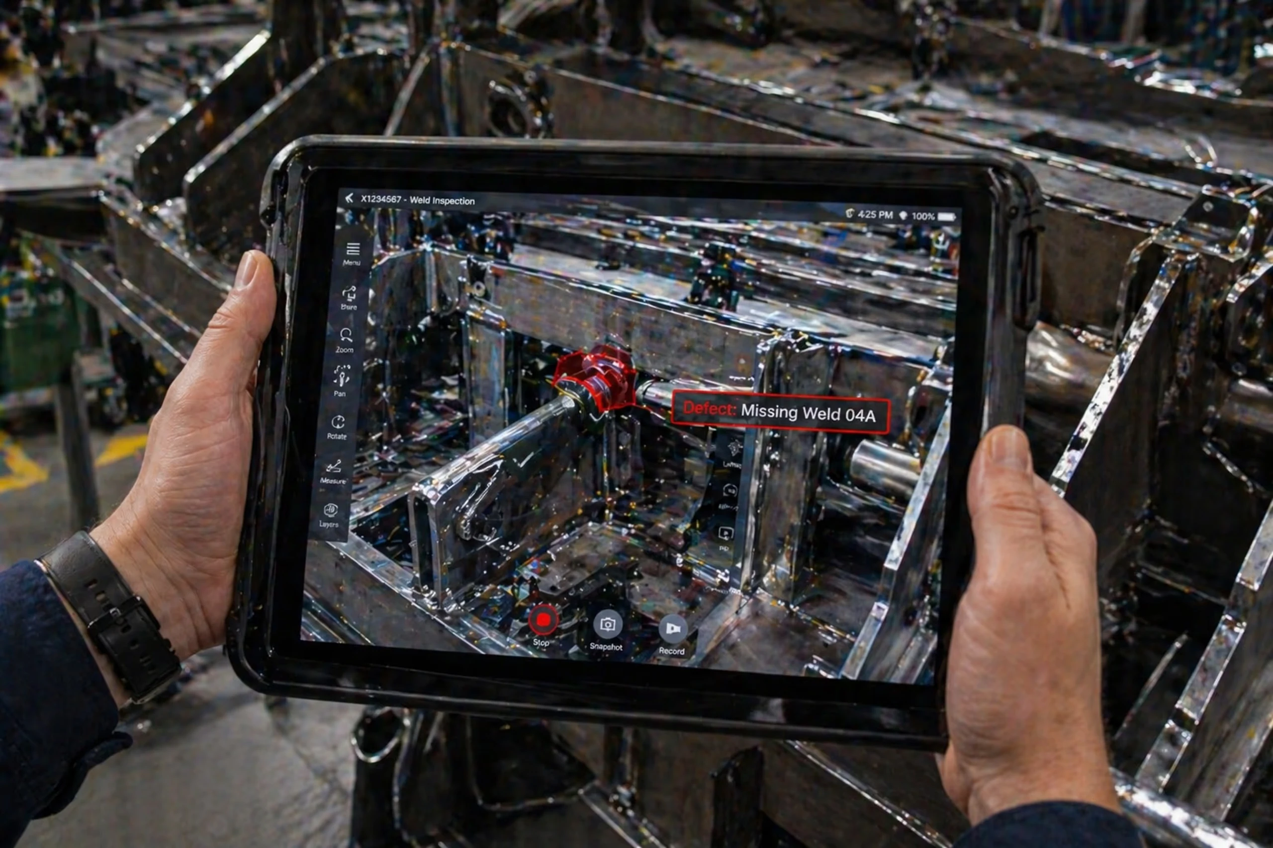 Person holding a tablet showing a weld inspection with a defect labelled 'Missing Weld 04A' highlighted on a metal structure.