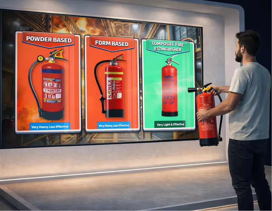 Man holding a fire extinguisher stands in front of a display comparing powder-based, foam-based, and composite fire extinguishers, highlighting weight and effectiveness.