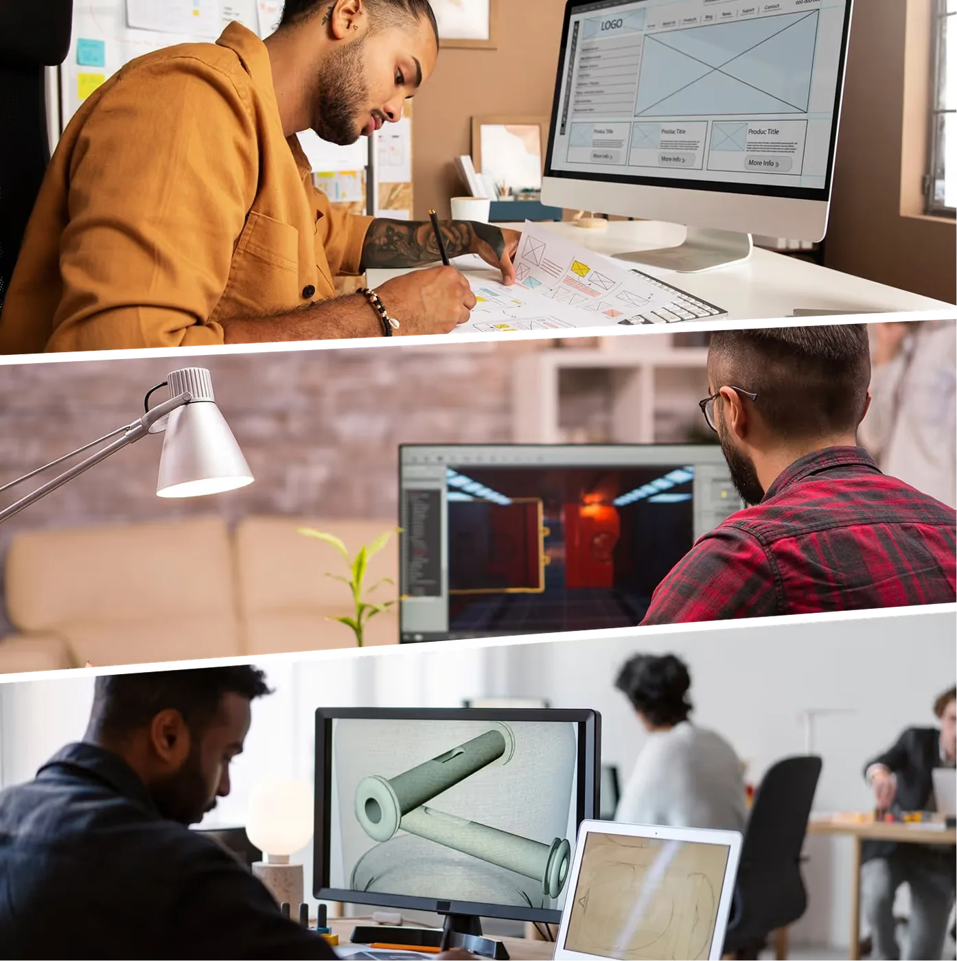 Three people working on product design: a man sketching wireframes, another viewing 3D modeling on a computer, and a third analyzing a 3D-printed prototype on a monitor.