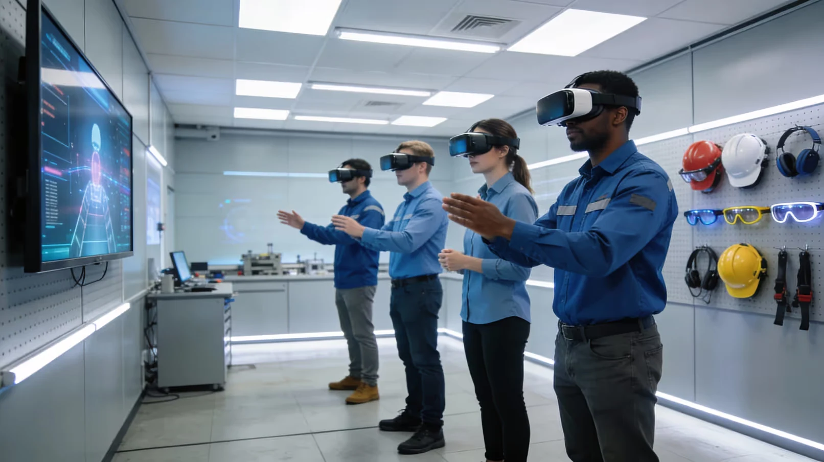 Workers using immersive Blue Collar VR Training in a manufacturing environment