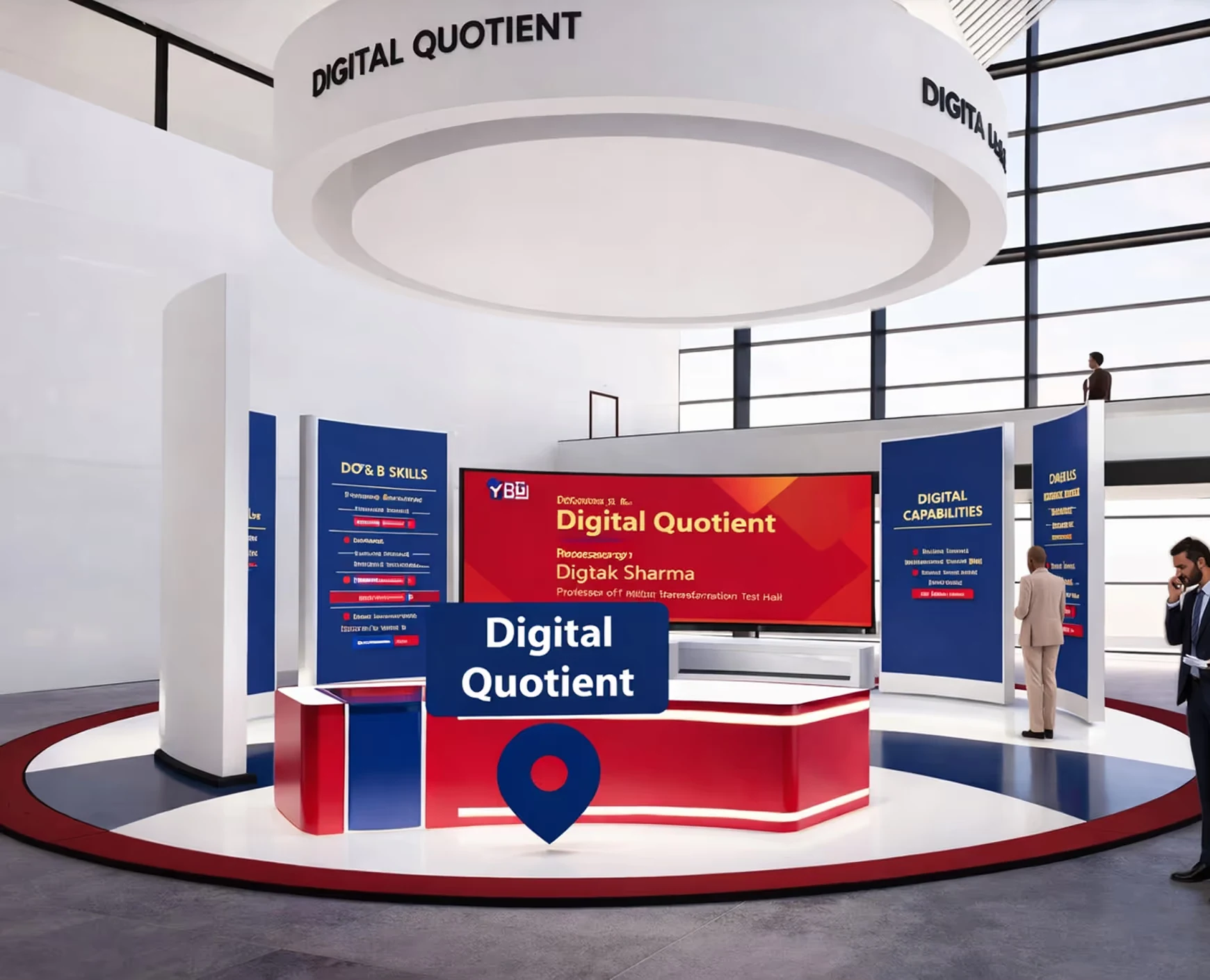 Circular exhibition booth display featuring "Digital Quotient" branding, informational panels on capabilities and skills, and business professionals viewing the presentation screen.