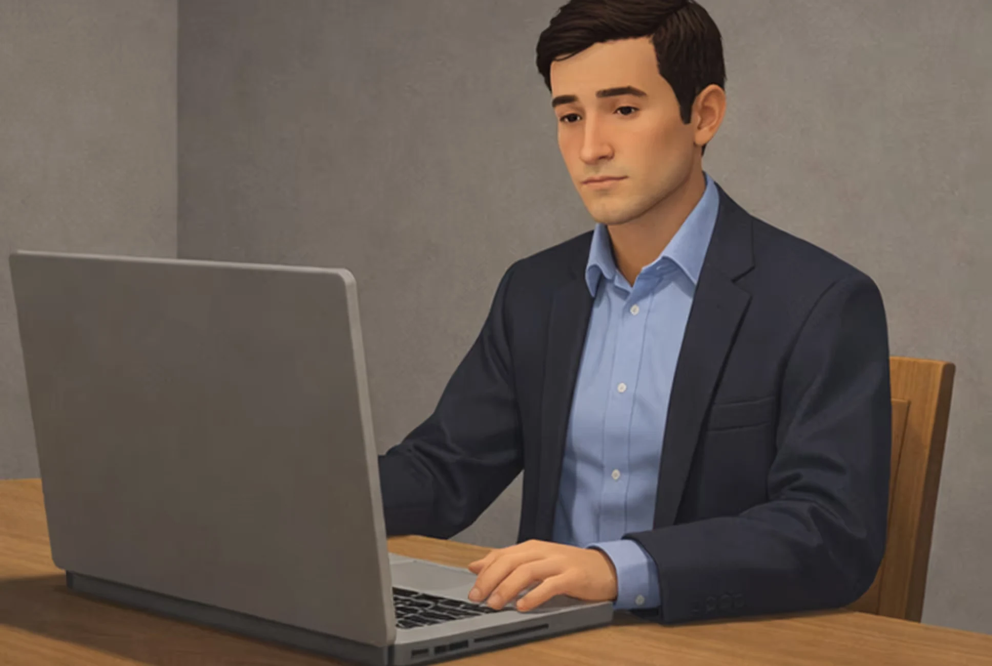 Man in a blue shirt and dark blazer working on a laptop at a wooden table, illustrating the "Why Traditional Onboarding Breaks Down" section.