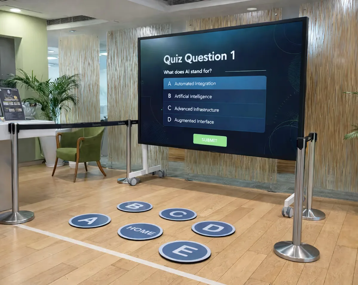 Large screen in a modern room displaying Quiz Question 1 asking 'What does AI stand for?' with options A to D, and floor markers labeled A to E and HOME.